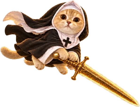 The kitten flying through the air on her sword, habit streaming